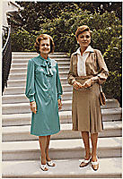 Mrs. Ford with the Shahbanou (Queen) of Iran on the steps leading to the Truman Balcony prior to hosting a luncheon in the Second Floor Family Dining Room, 07/10/1975 - 