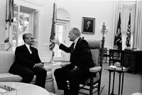 Mohammed Reza Pahlavi and President Lyndon B. 
Johnson speak in the Oval Office, 08/23/1967